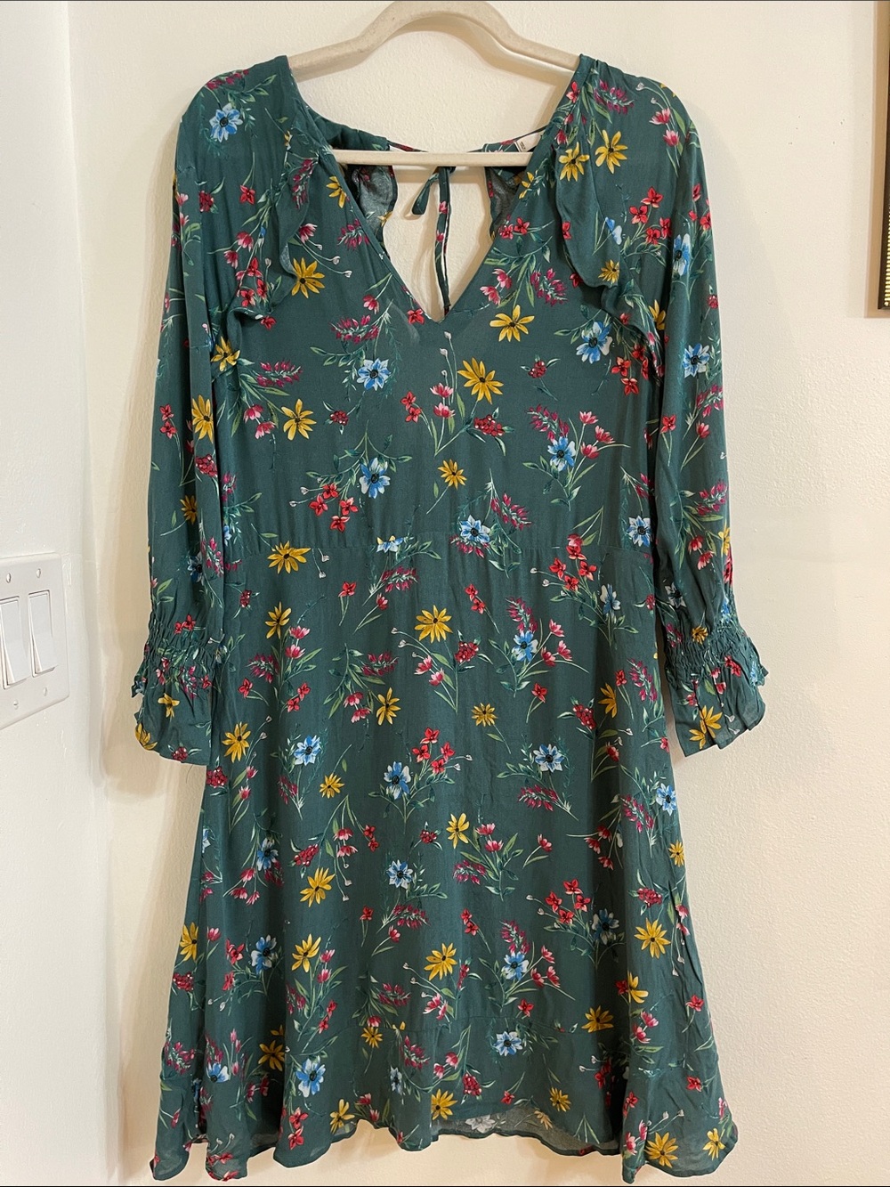 Mango Teal Green Floral Long Sleeve Tie-Back Dress Fit Size Medium
